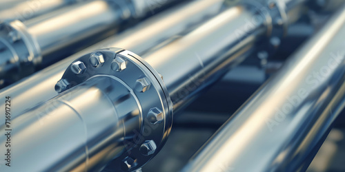Industrial metal Pipeline Detail in Silver Tones. Close-up of silver industrial pipes with flange joints, banner background.