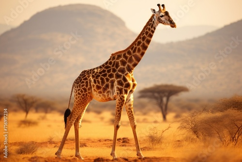 Giraffe walking across the African Savanna Ai generated © Tanu