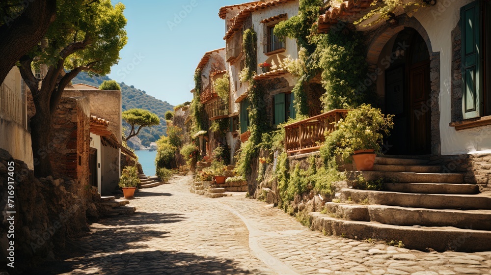 Typical quiet street of a European village on the Mediterranean in spring or summer. - obrazy, fototapety, plakaty 