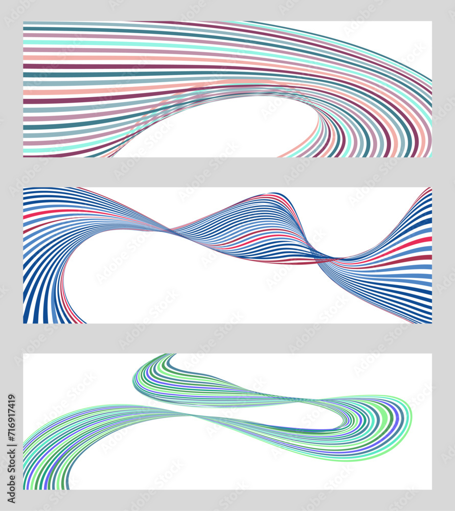 Wavy lines or ribbons. Set of 3 backgrounds. Multicolored striped gradient. Creative unusual background with abstract gradient wave lines to create a trendy banner, poster. vector eps Wavy lines or ribbons. Set of 3 backgrounds. Multicolored striped gradient. Creative unusual background with abstract gradient wave lines to create a trendy banner, poster. vector eps