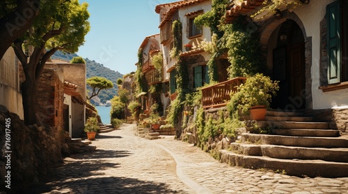 Typical quiet street of a European village on the Mediterranean in spring or summer.