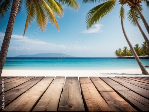 A background featuring vacant wooden planks, with blurred palm trees and a sea backdrop by ai generated © Ai creative universe