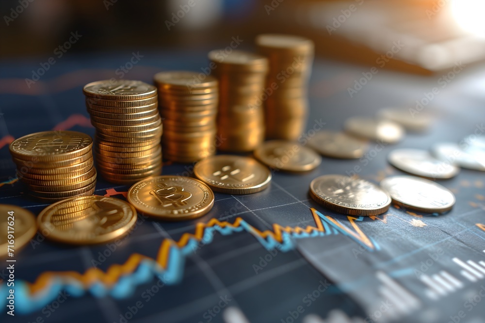Golden growth arrow and currency coins on a 3D financial background symbolize success in business, investment, and a thriving economy. Financial market concept with profit chart. Golden growth arrow and currency coins on a 3D financial background symbolize success in business, investment, and a thriving economy. Financial market concept with profit chart.