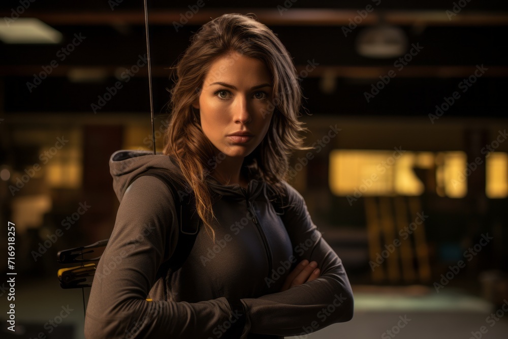 Portrait of a determined girl in her 30s practicing archery in a shooting range. With generative AI technology Portrait of a determined girl in her 30s practicing archery in a shooting range. With generative AI technology
