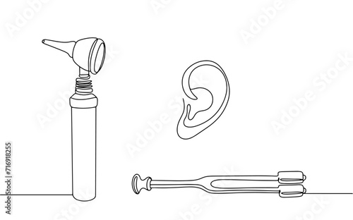 Otoscope. Ear. Tool. Otolaryngologist. Tuning fork