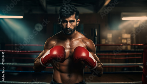 Portrait of a young Indian man wearing boxing gloves in a gym on a dark background. Serious face, kickboxing or muscles of an athlete ready for fight, exercise or training, 