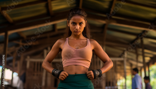 Portrait of a young Indian girl wearing boxing gloves in a gym on a dark background. Serious face, kickboxing or muscles of an athlete ready for fight, exercise or training,  