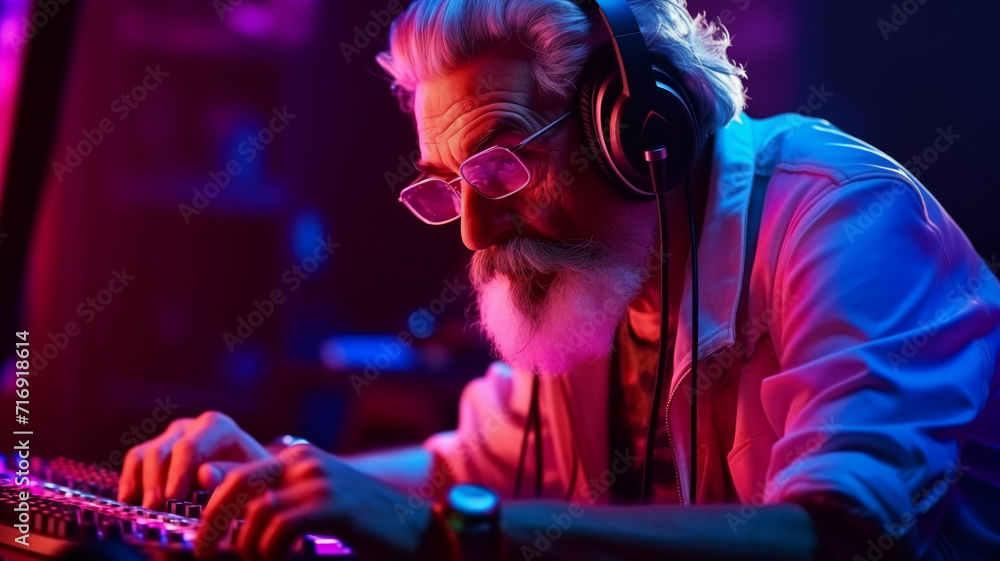 Neon color Streamer elder man in headphone playing video game