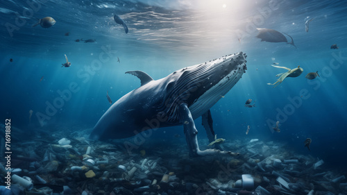 Concept plastic pollution water and human waste, whale floating among garbage in ocean. © Adin
