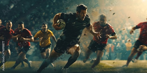 Expert athletics. Male rugby athletes competing in outdoor 3D arena, catching ball with blurred spectators in background, showcasing passion and energy. 