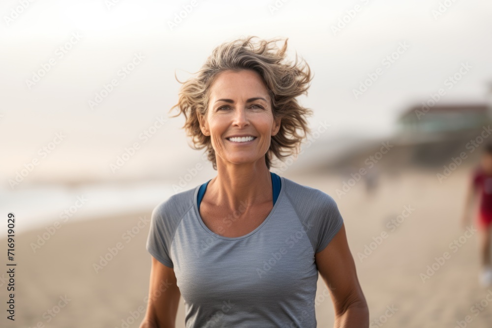 Portrait of a satisfied mature woman jogging on the beach. With generative AI technology Portrait of a satisfied mature woman jogging on the beach. With generative AI technology