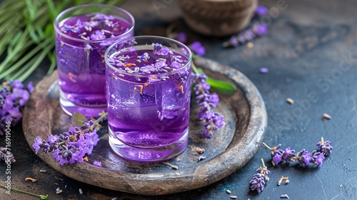 Violet lavender blossom nectar in a goblet. Premium image.