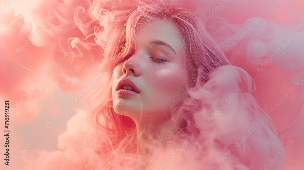 Portrait of a beautiful girl in a pink mist. Portrait of a beautiful girl in a pink mist.