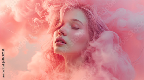 Portrait of a beautiful girl in a pink mist. 