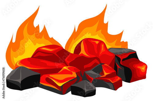 Slowly burning fire flame on black wood coal cartoon icon