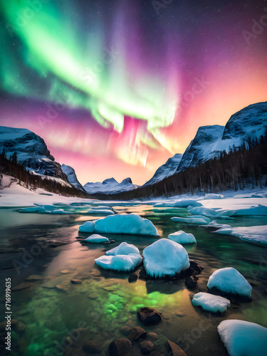 Aurora borealis over the winter lake in the mountains.