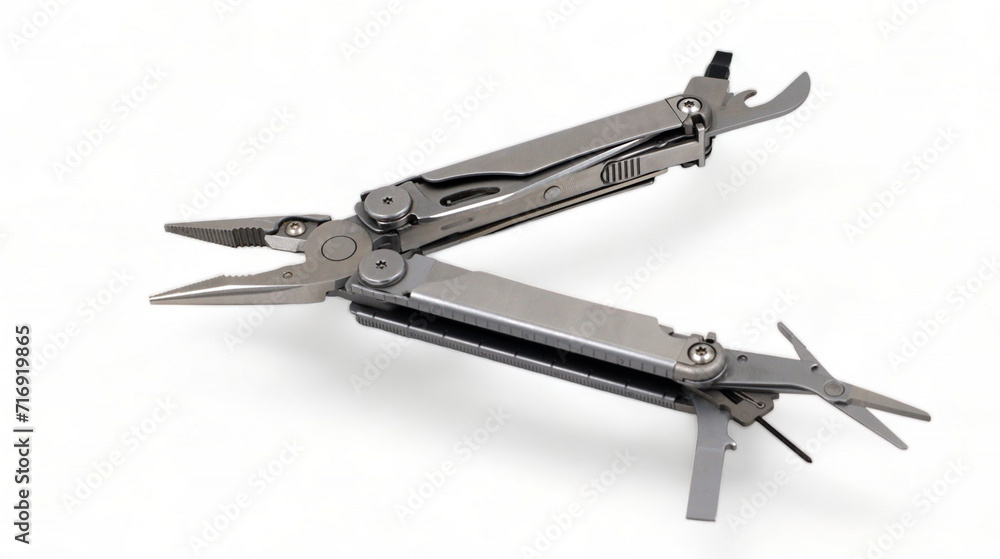 Opened modern steel multitool with pliers, file, blade, screwdriver, scissors, bottle opener and saw, on a white background. Compact and portable product. Pocket knife. EDC concept. Opened modern steel multitool with pliers, file, blade, screwdriver, scissors, bottle opener and saw, on a white background. Compact and portable product. Pocket knife. EDC concept.