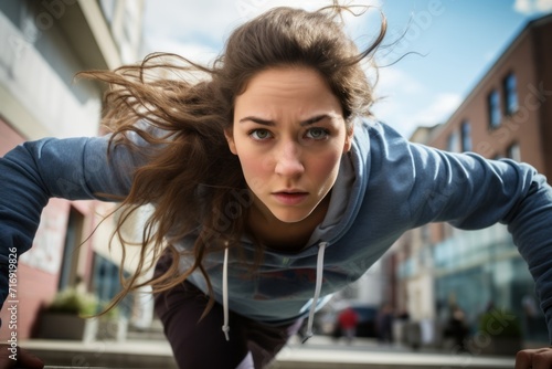 Portrait of an active girl in her 20s doing parkour in the city. With generative AI technology