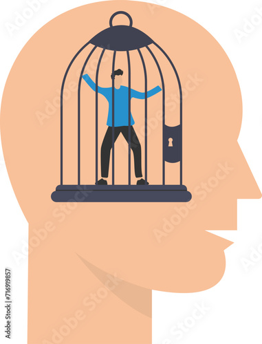 Fixed mindset, negative emotion, refusal to learn anything new, Fearful or mental lock, Suppression or aversion disorder, Bird cage lock over depressed fearful human brain

