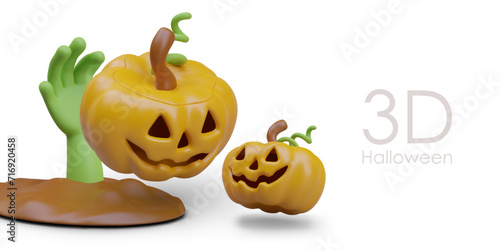 3D pumpkin head lanterns, green zombie hand emerges from ground. Funny Halloween concept in plasticine style. Scary illustration for themed holiday. Autumn web design template