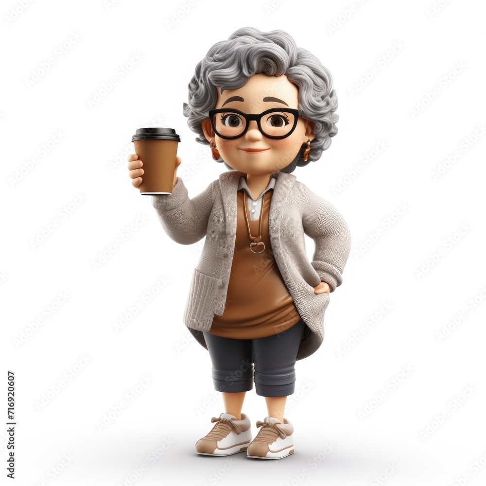 asian middle aged chinese old woman with gray curly hair. woman 3d cute character in casual clothes holding a glass of craft coffee on a white background