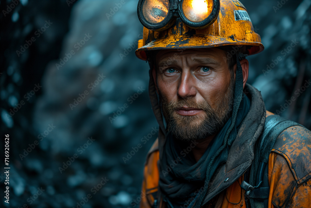 Fototapeta premium Miner in the mine. Well-uniformed miner inside mine raising thumb, conceptual photo