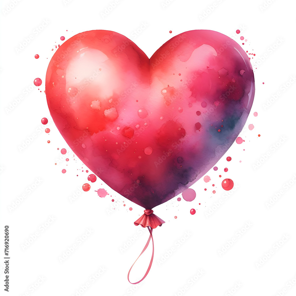 Red heart balloon love symbol watercolor paint for valentine's day holiday card decor