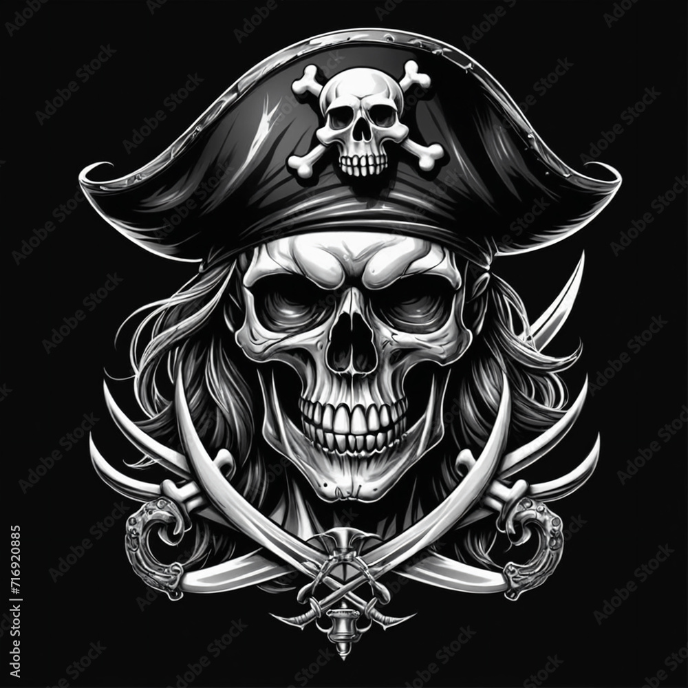 Skull pirates tattoo design dark art illustration isolated on black background Skull pirates tattoo design dark art illustration isolated on black background