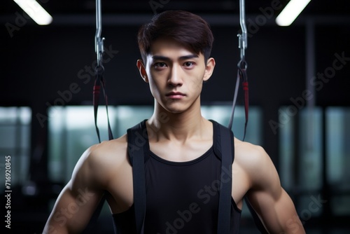 Portrait of a serious boy in his 20s doing resistance band exercises in a gym. With generative AI technology