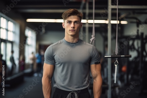 Portrait of a serious boy in his 20s doing resistance band exercises in a gym. With generative AI technology