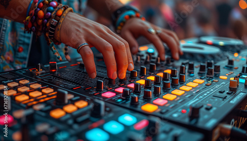 DJ is mixing music with deejay controller at outdoor party - nightlife people lifestyle concept. Close up of musican hands. Dj day © MarijaBazarova