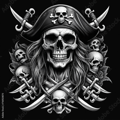Skull pirates tattoo design dark art illustration isolated on black background