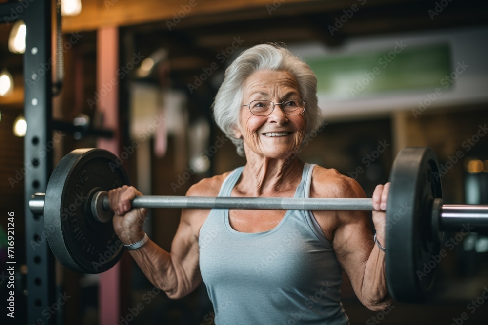 Portrait of an inspired old woman practicing weightlifting in a gym. With generative AI technology Portrait of an inspired old woman practicing weightlifting in a gym. With generative AI technology