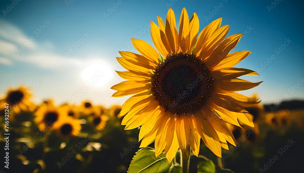 sunflower field with blue sky, vintage and retro style