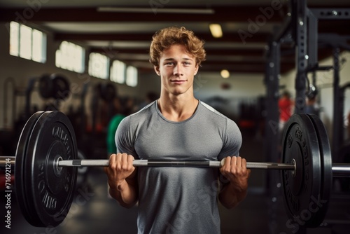 Portrait of an active boy in his 20s practicing weightlifting in a gym. With generative AI technology