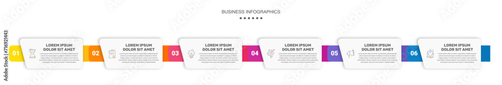 Vector business infographics design template. Timeline with six options, steps, labels, marketing icons. Illustration used for workflow layout, diagram, presentations, flow chart, banner, info graph. Vector business infographics design template. Timeline with six options, steps, labels, marketing icons. Illustration used for workflow layout, diagram, presentations, flow chart, banner, info graph.
