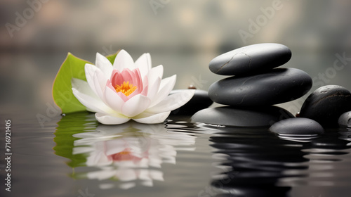Pink water lily lotus flower with stones in water  bokeh background with copyspace. Concept spa relax  Buddha birthday.