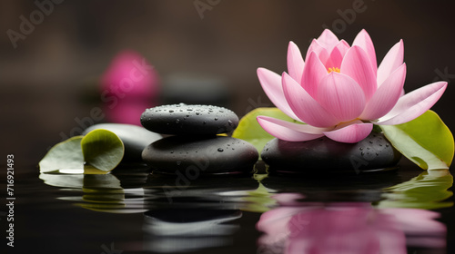 Pink water lily lotus flower with stones in water, bokeh background with copyspace. Concept spa relax, Buddha birthday.