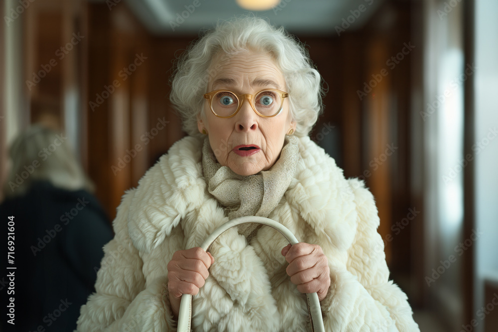 A charming old lady in expensive clothes holds her handbag tightly with a surprised look on her face A charming old lady in expensive clothes holds her handbag tightly with a surprised look on her face