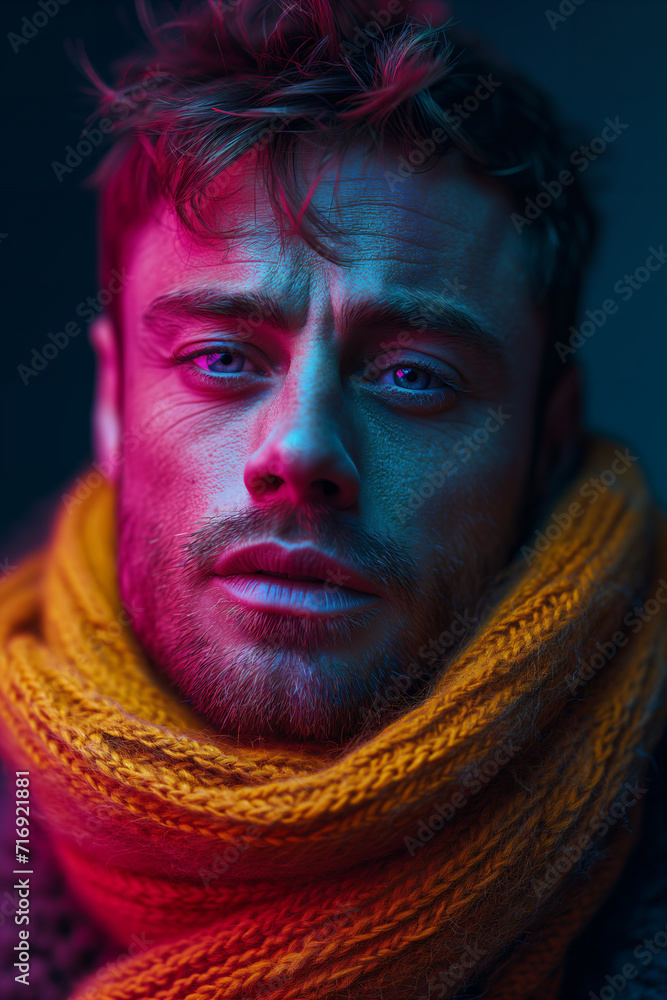 studio portrait of a middle-aged man with a bright colorful knitted scarf around his neck studio portrait of a middle-aged man with a bright colorful knitted scarf around his neck