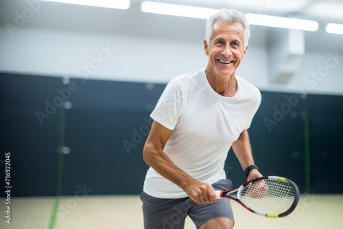 Portrait of a handsome mature man playing squash on a court. With generative AI technology