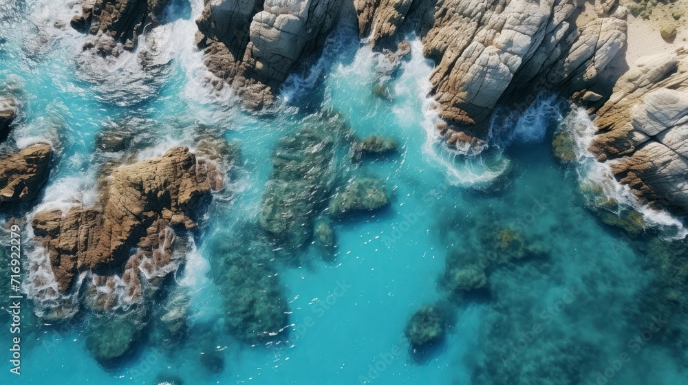 Fototapeta premium Aerial view of beautiful seascape with blue ocean waves and rocks