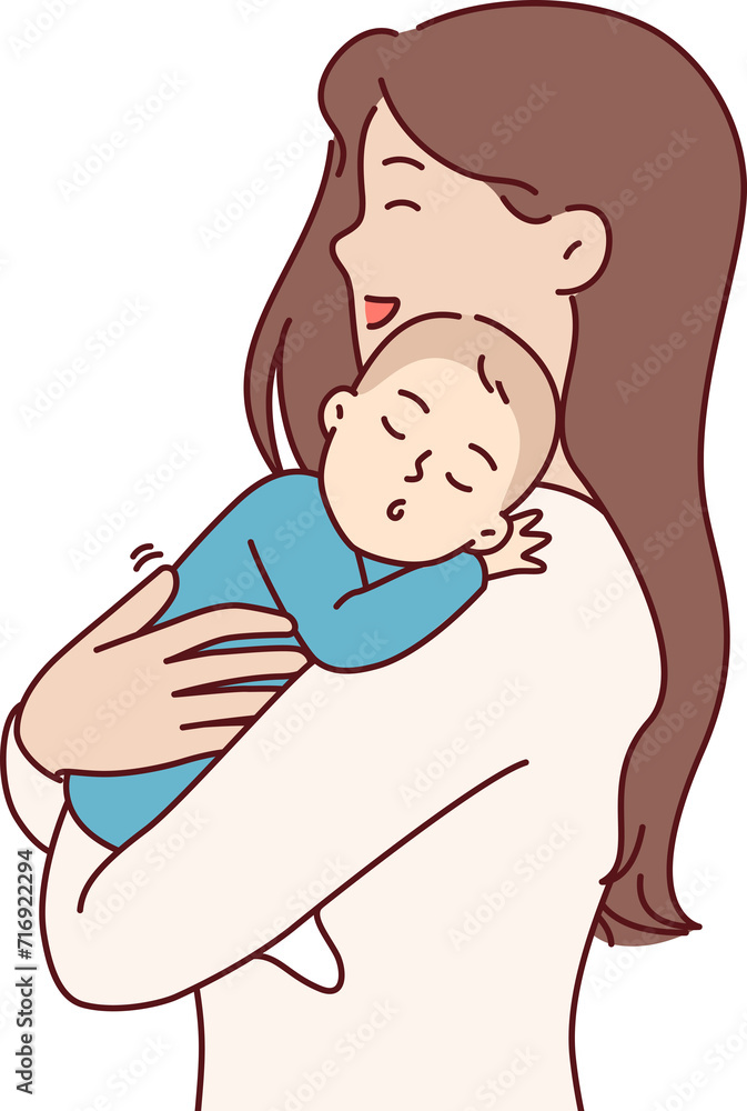 Mother sings lullaby to newborn son, holding sleeping baby in arms and feeling happiness of motherhood. Happy woman became mother sings lullaby to help little kid in need of rest fall asleep Mother sings lullaby to newborn son, holding sleeping baby in arms and feeling happiness of motherhood. Happy woman became mother sings lullaby to help little kid in need of rest fall asleep