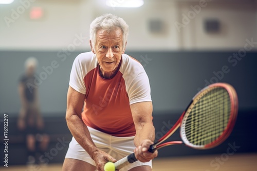 Portrait of a handsome mature man playing squash on a court. With generative AI technology