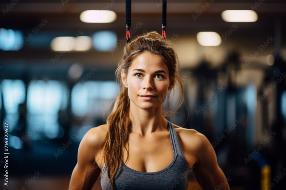 Portrait of an energetic girl in her 30s doing trx exercises in a gym. With generative AI technology