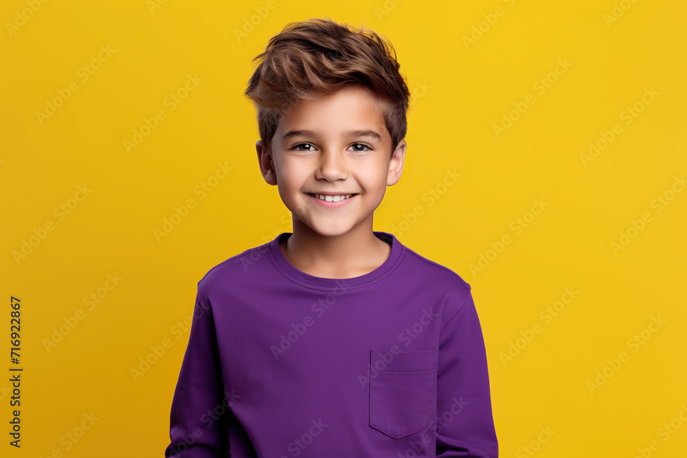 Cute beautiful boy wear stylish clothes isolated on color background