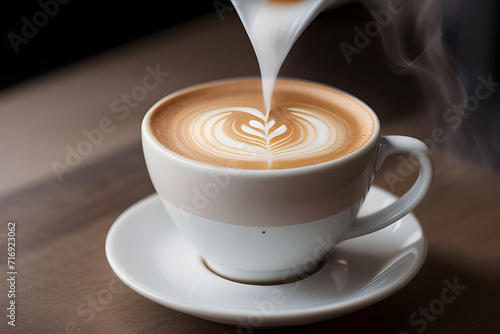 A steaming cup of coffee with latte art