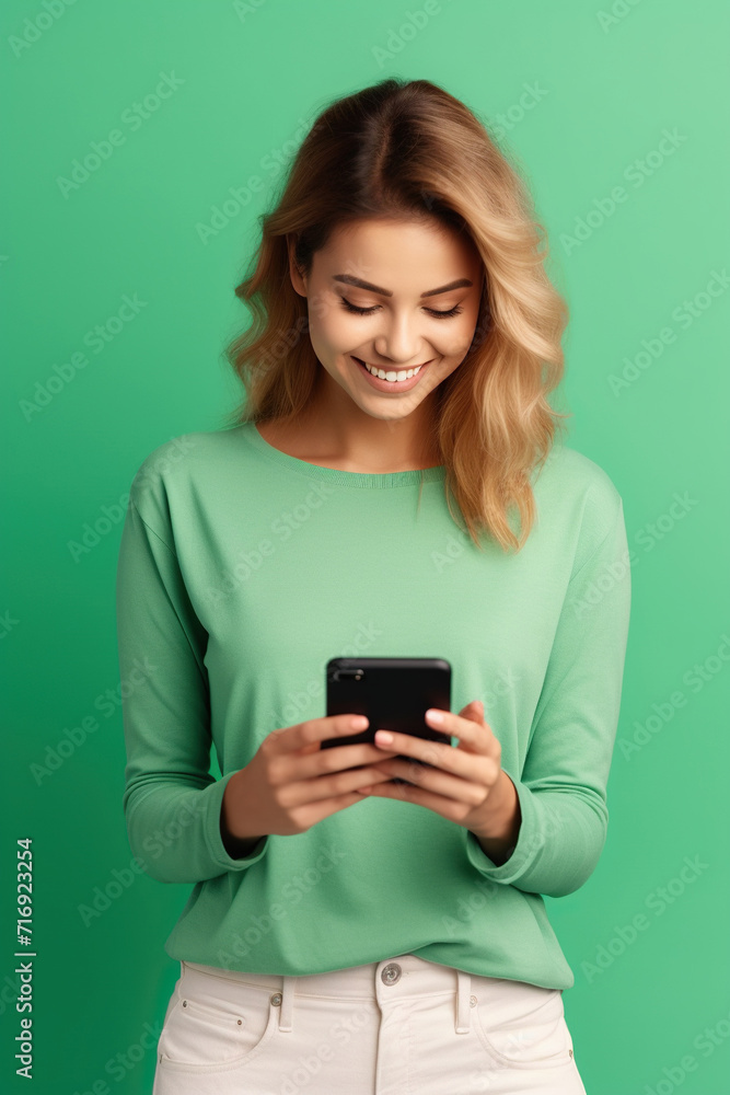 Portrait of toothy beaming nice woman wear stylish t-shirt in eyewear hold smartphone arm in pocket isolated on green color background Portrait of toothy beaming nice woman wear stylish t-shirt in eyewear hold smartphone arm in pocket isolated on green color background