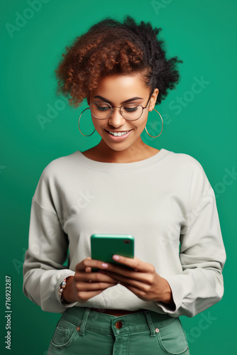Portrait of toothy beaming nice woman wear stylish t-shirt in eyewear hold smartphone arm in pocket isolated on green color background