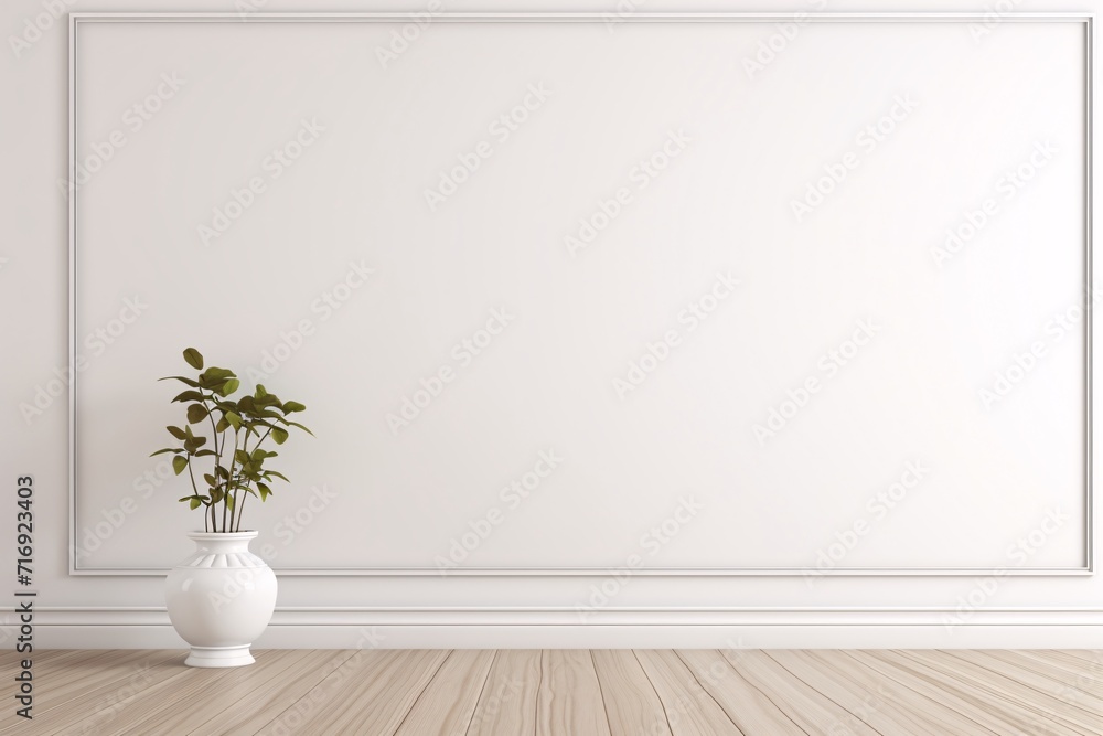 Neutral wall backdrop, wooden flooring, interior furnishings, picture frame and potted greenery. Neutral wall backdrop, wooden flooring, interior furnishings, picture frame and potted greenery.